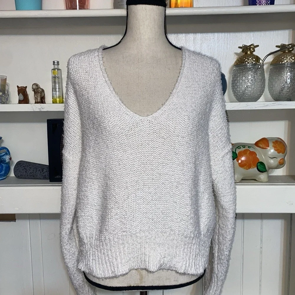 Free People Cream Slouchy V Neck Pullover Theo Sweater Womens Small